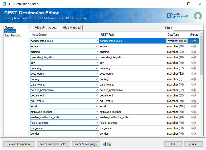 SSIS ServiceNow REST Destination - Columns